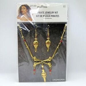 Pirate Jewelry Kit Necklace Earrings Gold Skull Dagger Costume Accessory 3 Pc NW